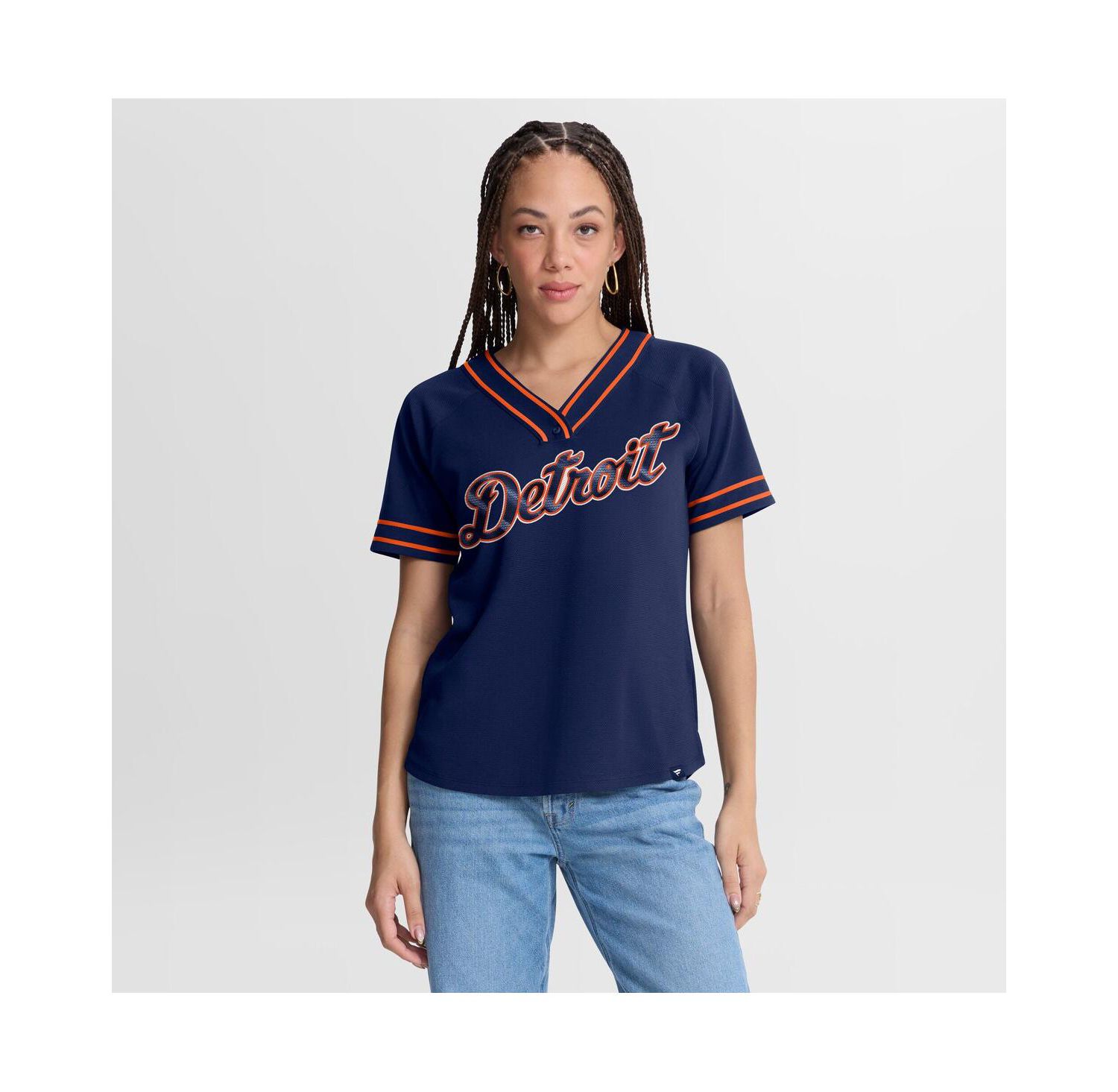 Women's Navy Detroit Tigers Diva Race Ahead Raglan V-Neck T-Shirt