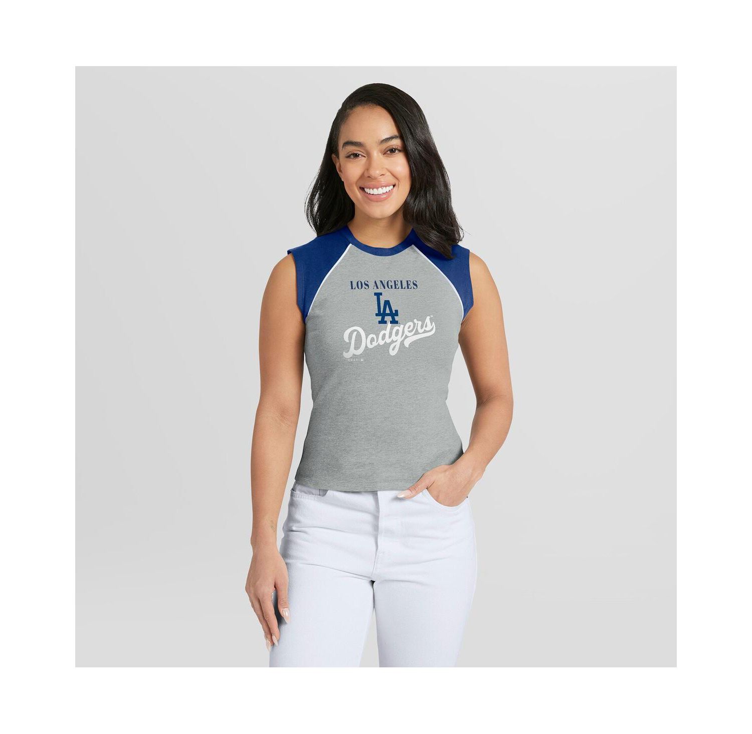 Women's Heather Gray Los Angeles Dodgers Cropped Raglan Tank Top