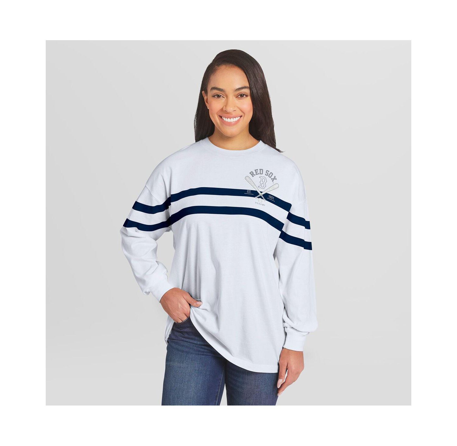 Women's White Boston Red Sox Oversized Long Sleeve Striped T-Shirt