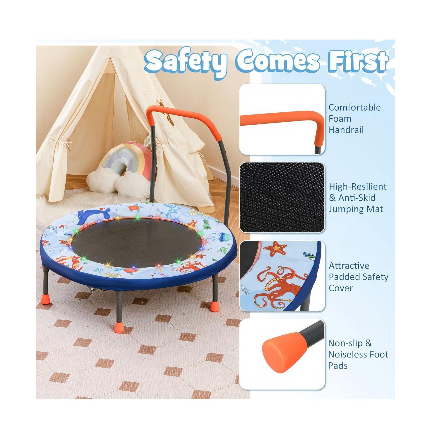 Детская игрушка HONGGE 36" x 36" x 32" LED Light Foldable Trampoline with Safety Cover, Ages 3-8, цвет: Синий — фото 6