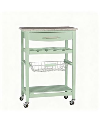 Granite top pine kitchen storage cart with casters and drawers