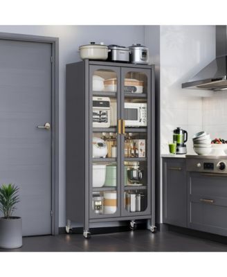 5 Tier Metal Display Storage Cabinet with Transparent Door, Adjustable Shelves and Wheels, Food Pantries Cabinets for Kitchen