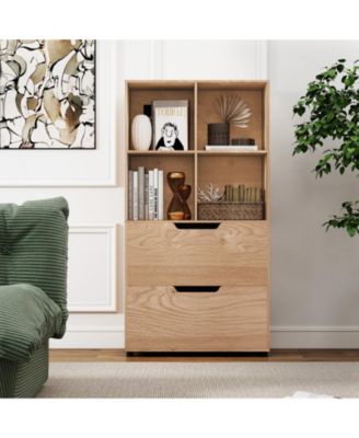 Tall Freestanding Bookcase with Drawers and Open Shelves