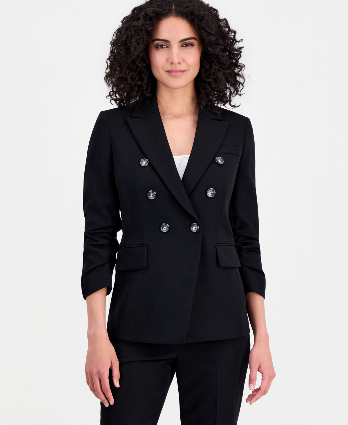 Tahari Asl Women's Ruched-Sleeve Double-Breasted Blazer