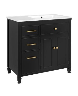36" Bathroom Vanity with Ceramic Sink, Freestanding Cabinet with Tip-Out & Side Drawers, Adjustable Shelf, Modern Storage
