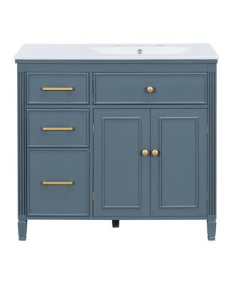 36" Bathroom Vanity with Ceramic Sink, Freestanding Cabinet with Tip-Out & Side Drawers, Adjustable Shelf, Modern Storage.