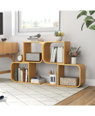 2-Tier S-Shaped Bamboo Bookcase with 2 Open Cubes for Living Room