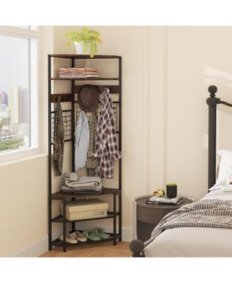 5-Tier Corner Hall Tree with Shoe Storage Bench-Rustic