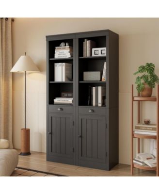 Narrow Bookcase with Drawer, 71" Tall, 3-Tier Shelves and Door, Wooden Storage Cabinet for Living Room, Office, Bedroom