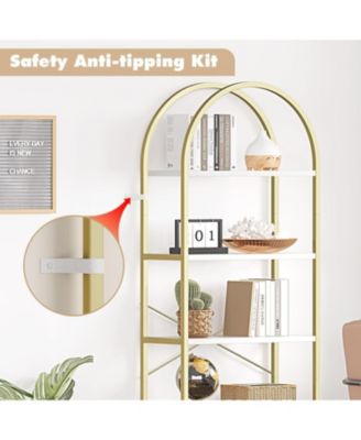 5-Tier Modern Arched Bookshelf, Tall Metal Bookcase,  Marble Veneer, Vertical Display for Office or Living Room