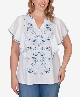 Plus Size Featherlight Embroidered Flutter Sleeve T-shirt