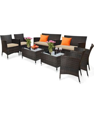 8PCS Patio Rattan Conversation Furniture Set Outdoor w/ Cushion