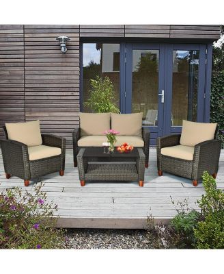 4PCS Cushioned Rattan Conversation Set w/ Coffee Table Patio Outdoor