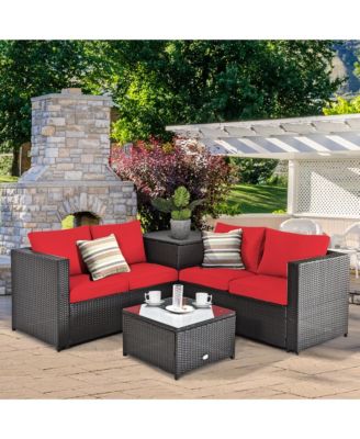 4PCS Cushioned Rattan Patio Conversation Set w/ Side Table Cushion