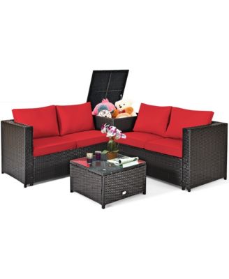 4PCS Cushioned Rattan Patio Conversation Set w/ Side Table Cushion