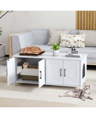 Cat Litter Box Enclosure for 2 Cats w/ Double Rooms Wooden Cat Washroom Cabinet