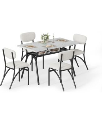 5-Piece Modern Dining Table Set for 4, Dining Table with Storage Shelf & Boucle Chairs, Marble Top, Small Spaces
