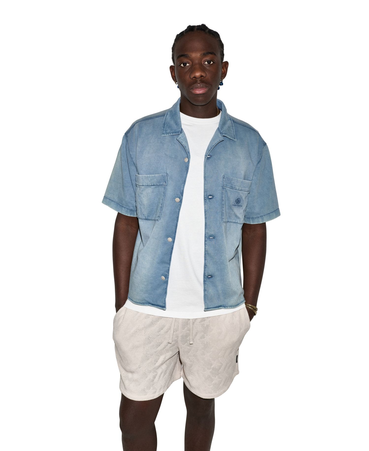 Men's Jersey Denim Short-Sleeve Collared Shirt