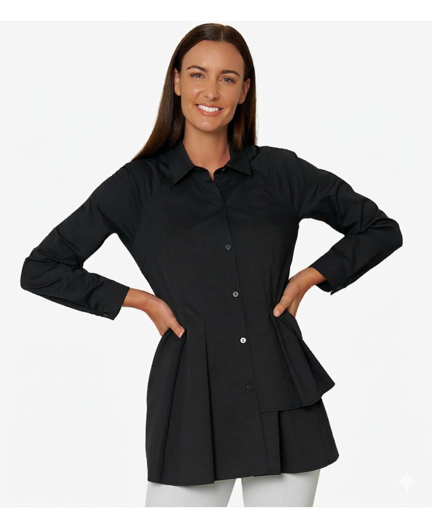 Женская рубашка Stella Carakasi Asymmetrical Tier Collared Button-Front Shirt Top Sensation Tunic, цвет: Чёрный — фото 5