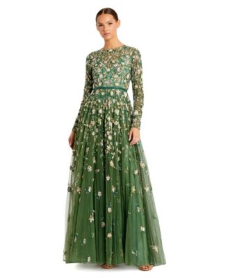 Women's Petite Embellished High Neck Long Sleeve A-Line Gown