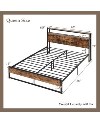 Industrial Platform Bed Frame with Charging Station Storage Headboard