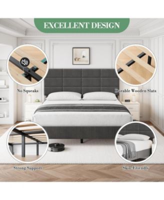 Queen Linen Upholstered Platform Bed, Adjustable Headboard, Noise-Free Mattress Foundation, Strong Slats, No Box Spring