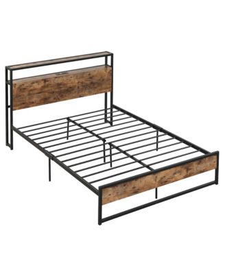 Industrial Platform Bed Frame with Charging Station Storage Headboard
