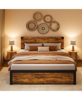 Wood Bed Frame with 4 Storage Drawers, Vintage Platform with Metal Support, Wooden Headboard and Footboard, No Box Spring