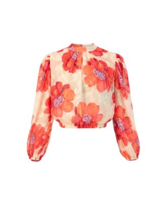 Women's Shimmering Printed Blouse with Pleated Round Neck