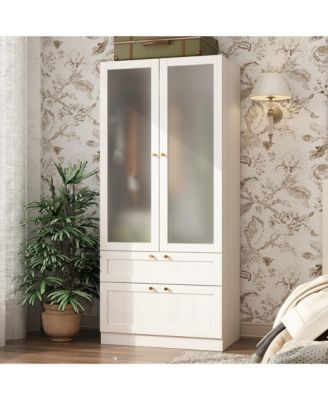 Wardrobe Closet with 2 Glass Doors and 2 Drawers, Wardrobe Closet Armoire with Hanging Rod