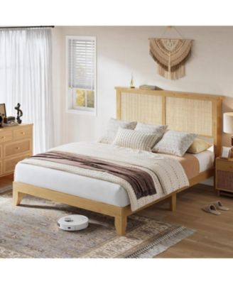 Queen Rattan Bed Frame With LED Headboard and Rattan Strong Wood Platform Silent Slats Storage No Box Spring