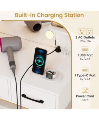 Vanity Desk with Mirror Lights and Cushioned Stool Set