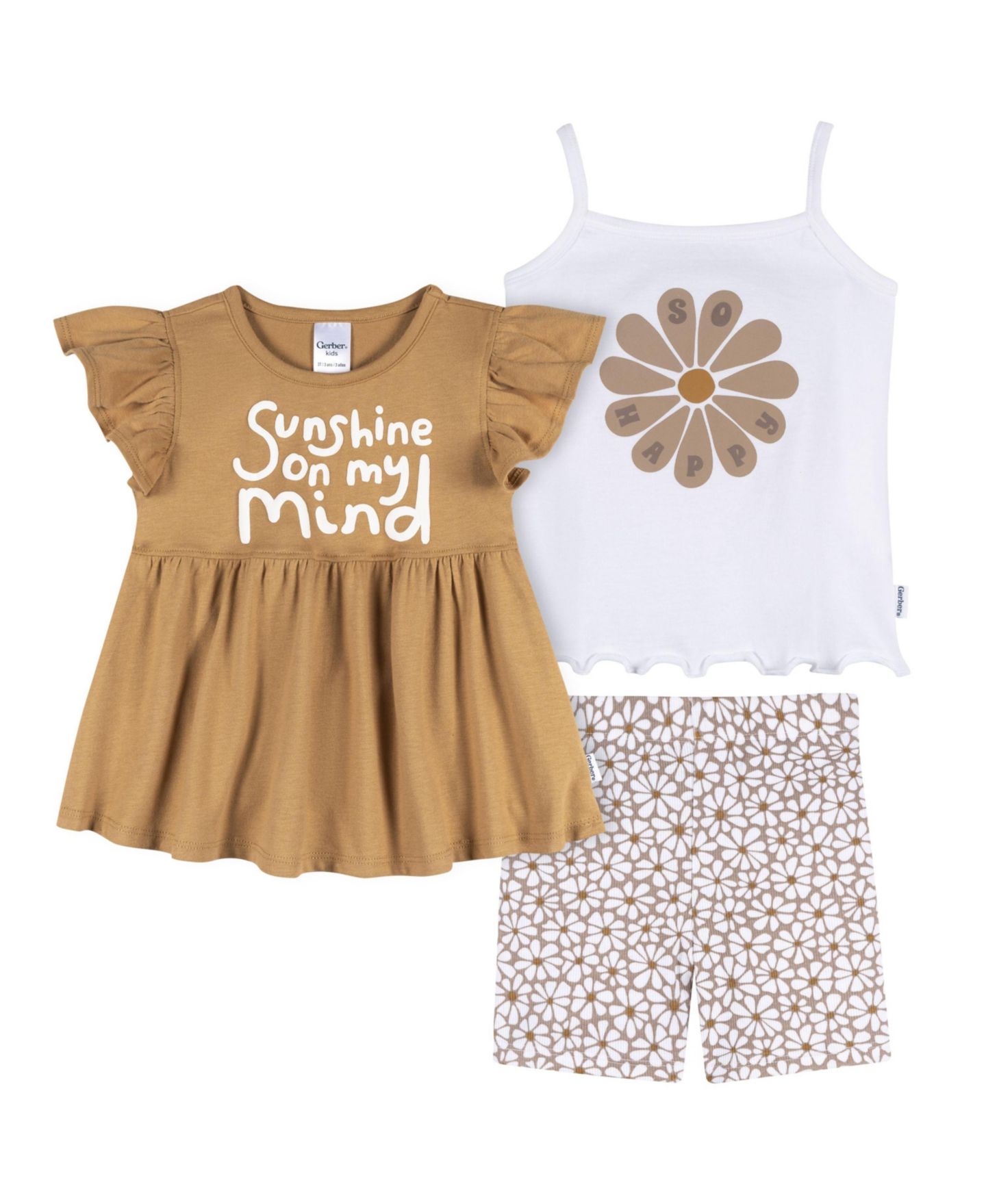 Комплект Gerber 3-Piece T-Shirts and Shorts для девочек-малышей, цвет: Daisy Sunshine — фото 1