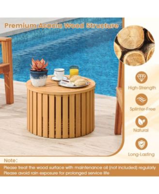 Round Acacia Wood Outdoor Side Table with Hidden Storage