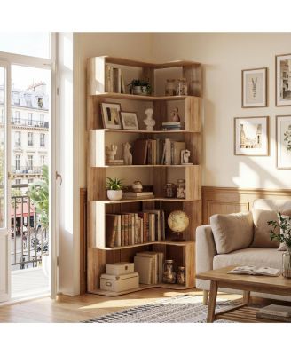 7-Shelves Accent Bookcase, Open Back Bookshelf, Corner Bookcase