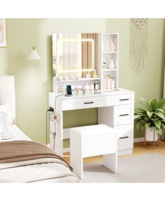 Dressing Desk with Adjustable Lighting and Hair Dryer Stand