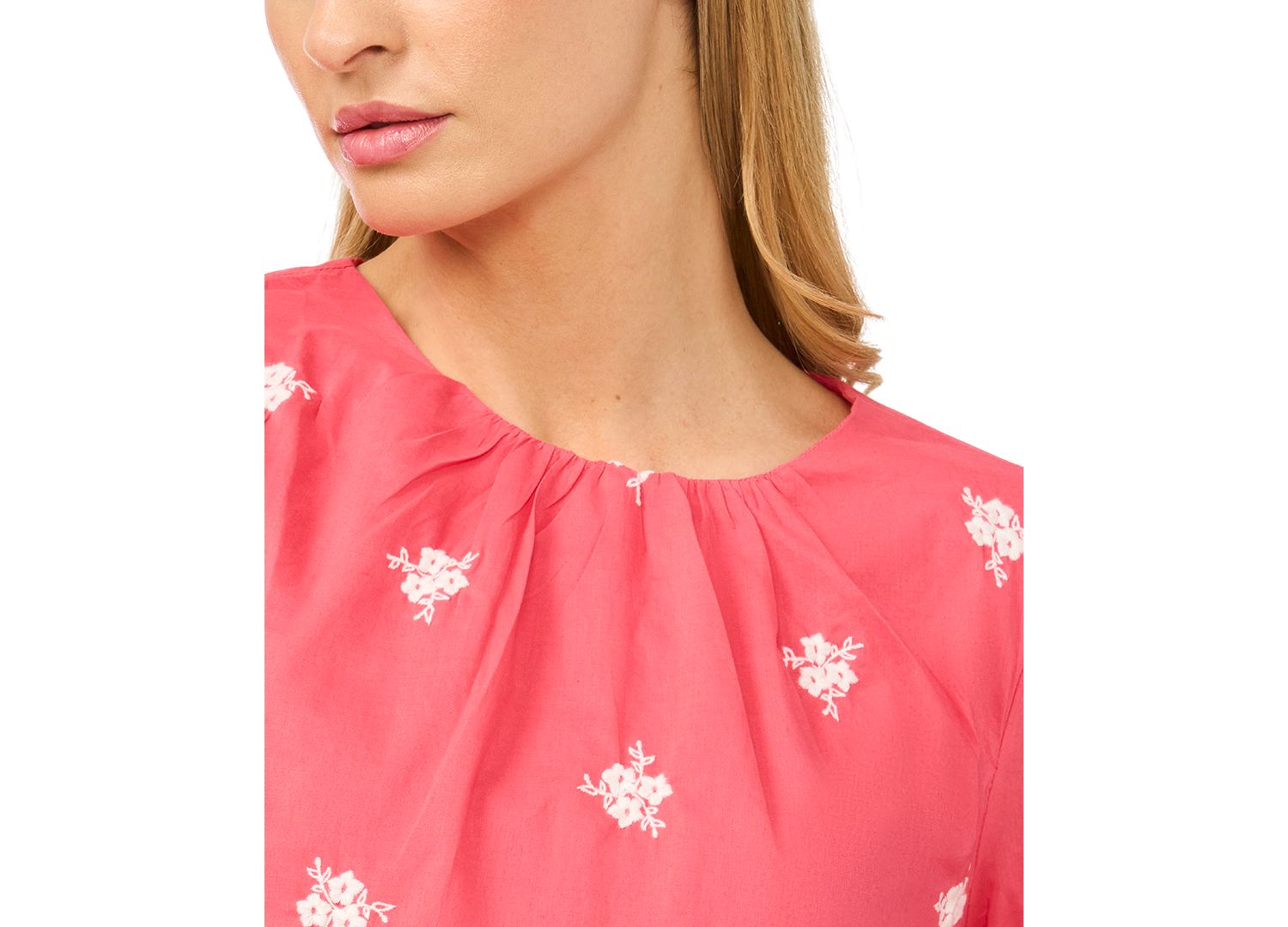 Women's Embroidered Shirred Neck Cotton Blouse