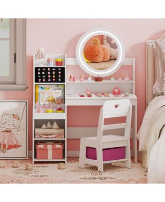 Kids Vanity Desk with Mirror and Lights Dressing Table Set