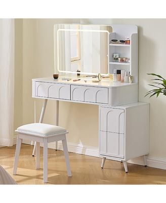 Modern Makeup Vanity Desk - 4 Drawer Dressing Table Set with Cushioned Stool, LED Lighted Mirror for Bedroom