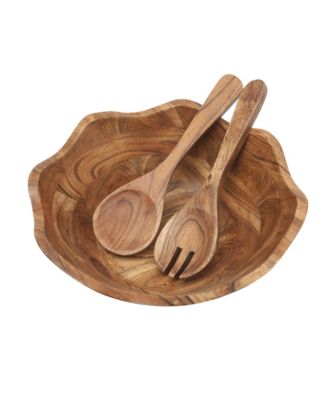 Sandhurst 3-Piece Acacia Wood Salad Bowl Set – 12-Inch Scalloped Serving Bowl with Wooden Salad Servers