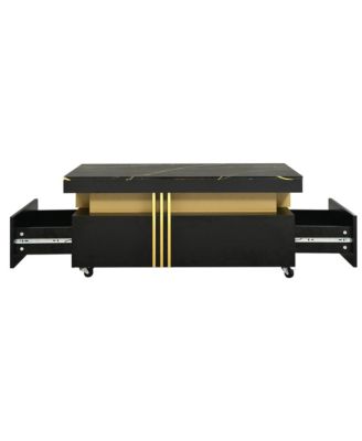 Coffee Table with Faux Marble Top, Rectangle Center Table with 2 Drawers and Caster Wheels for Living Room