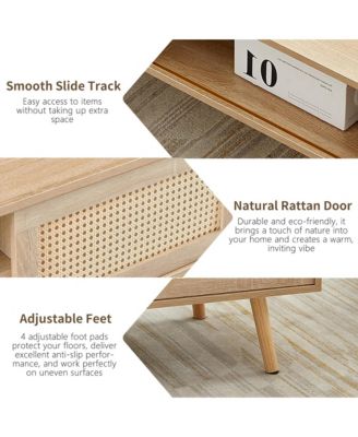 41.34" Rattan Coffee Table, Rectangle Wooden Center Tables with Sliding Door and Solid Wood Legs for Living Room, Home Office