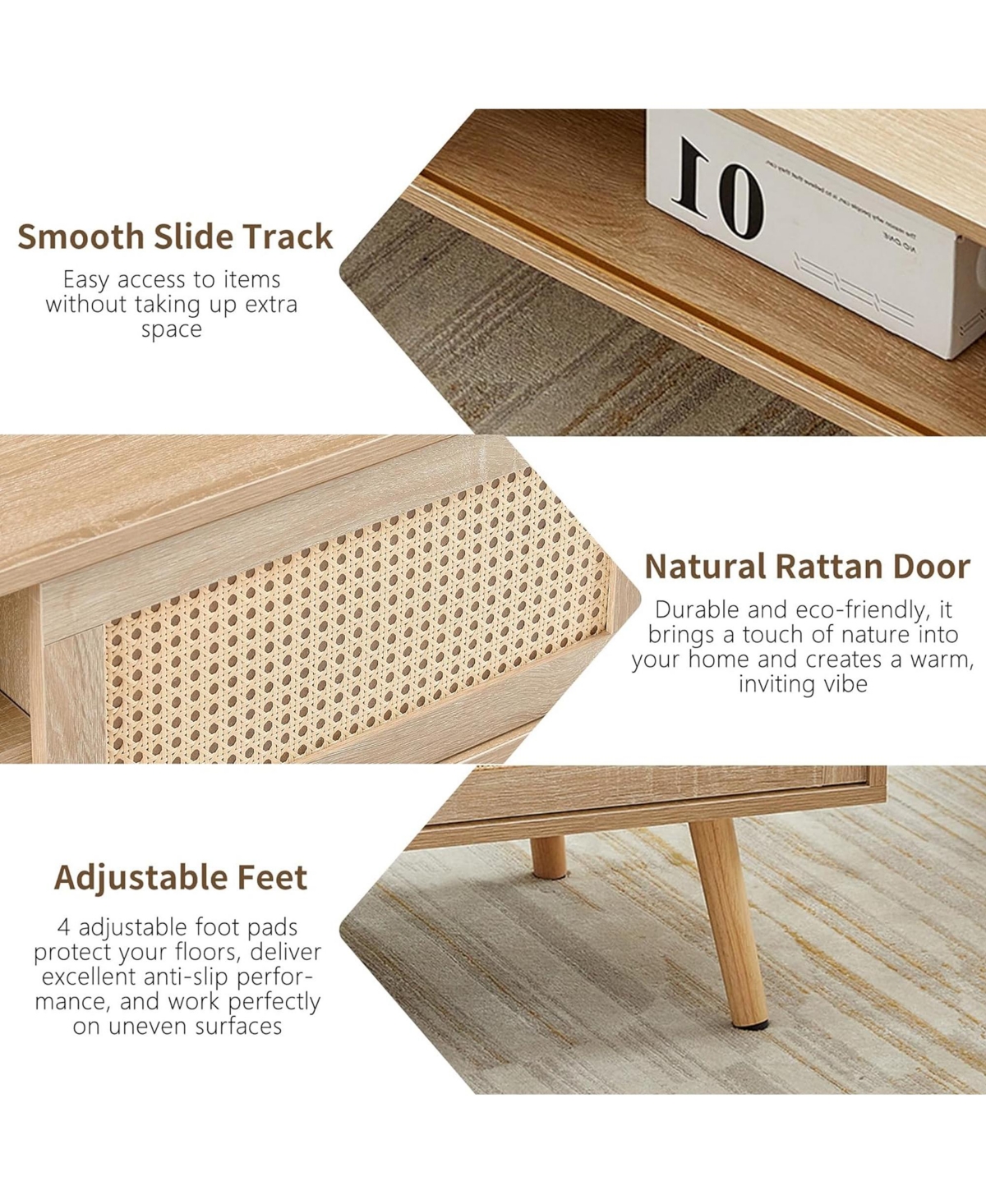 Rainsken 41.34" Rattan Coffee Table, Rectangle Wooden Center Tables with Sliding Door and Solid Wood Legs for Living Room, Home Office