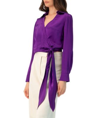 Women's Wrap Satin Blouse with Tie Detail
