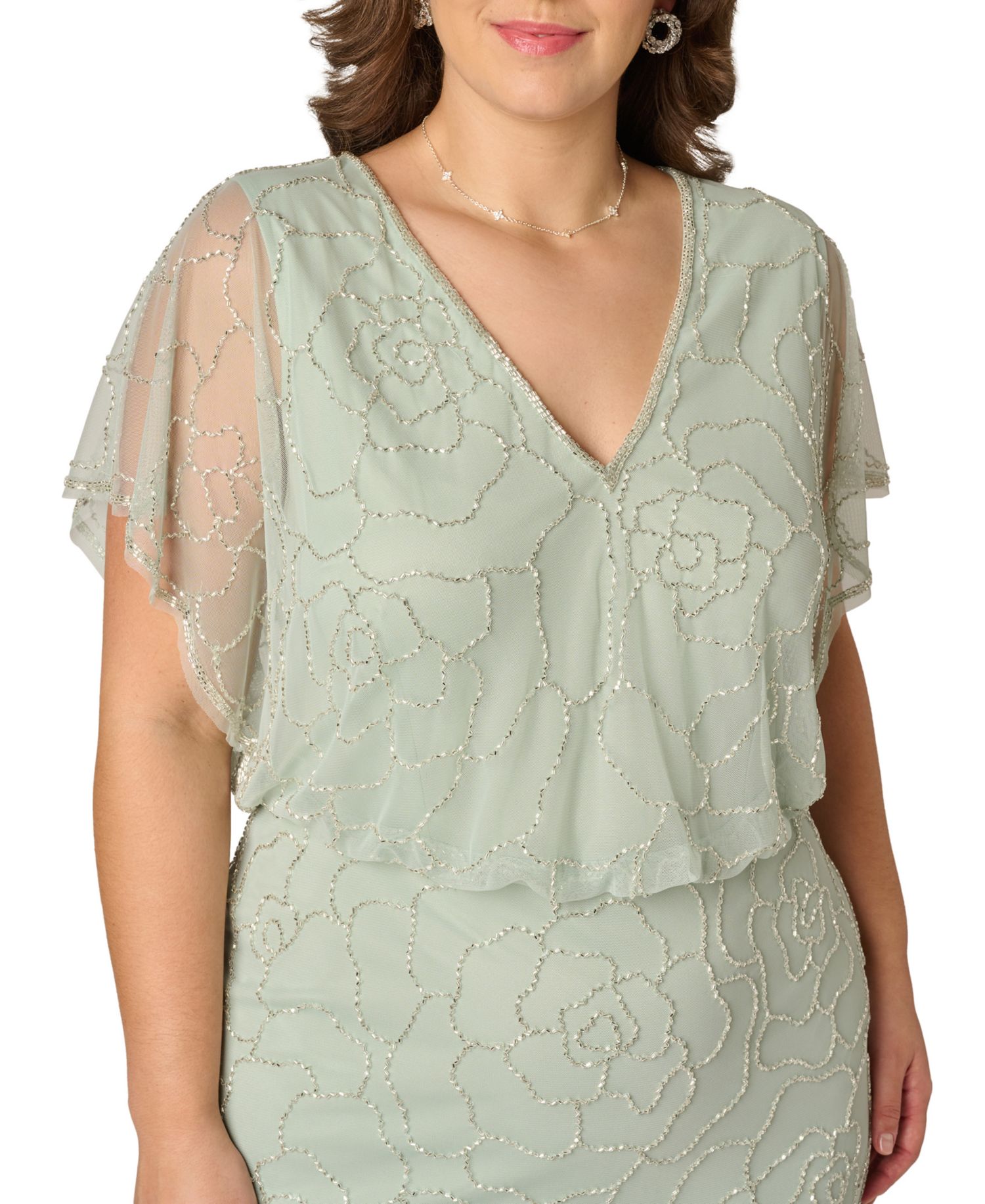 Plus Size Beaded Blouson-Sleeve Ball Gown