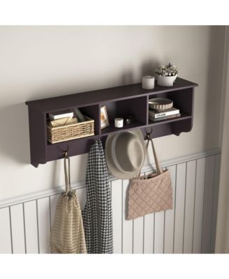 Wall Mounted Coat Rack - Wooden Storage Shelf with 4 Dual Hooks and 3 Shelves for Living Room