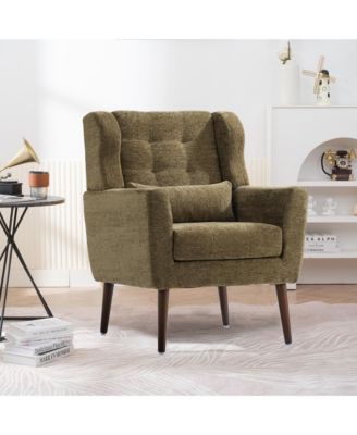 Chenille Accent Chair, Modern Upholstered Armchair with Waist Pillow and Tapered Wooden Legs for Living Room, Small Space