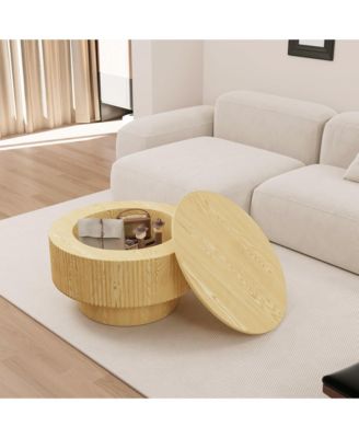 Modern Circular Coffee Table, 29.53" Center Table with Pedestal, Round Stripe and Concealed Storage for Living Room
