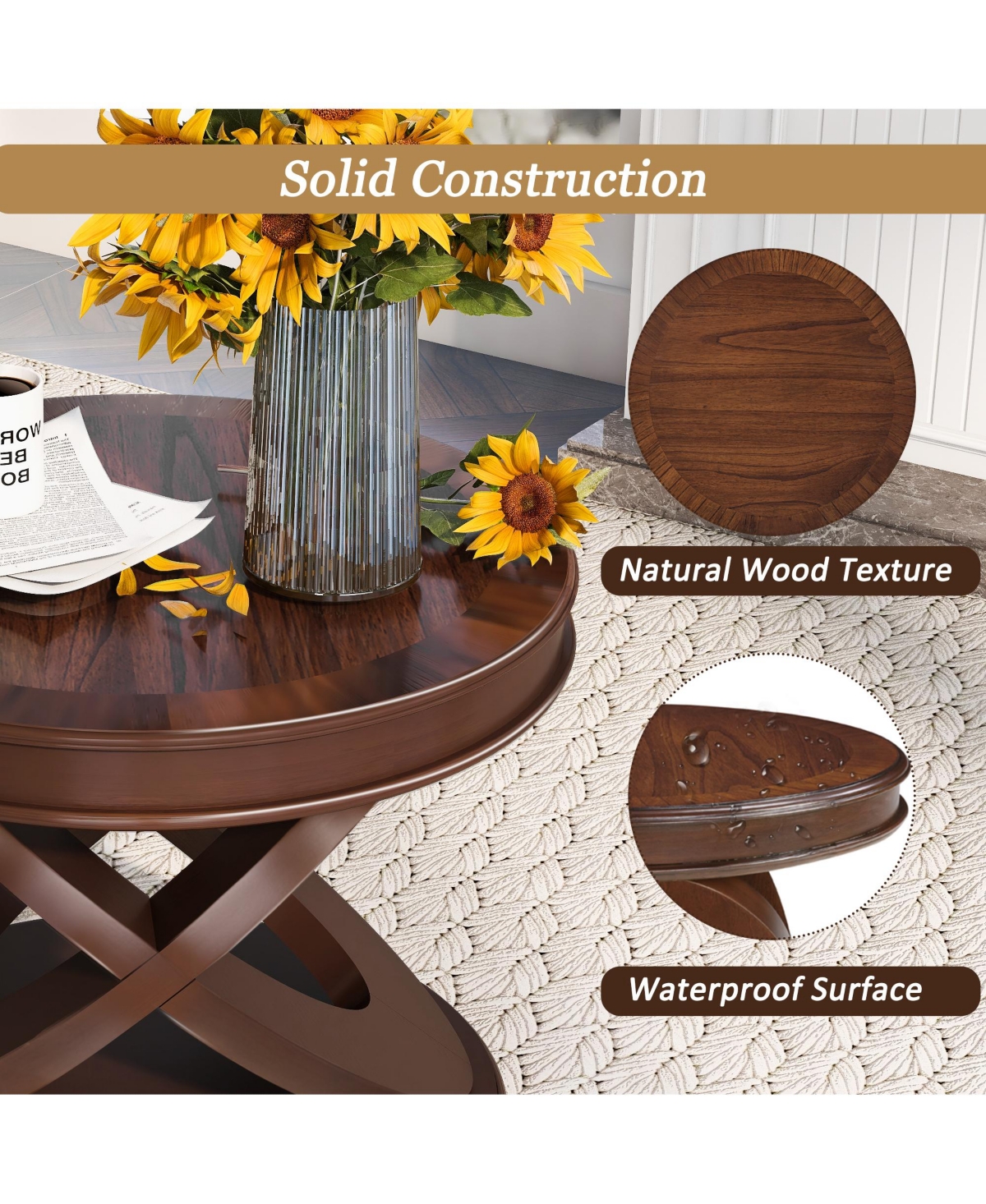 Rainsken X-shape Base Coffee Table - 22" Retro Round Wooden End Table for Living Room, Small Space