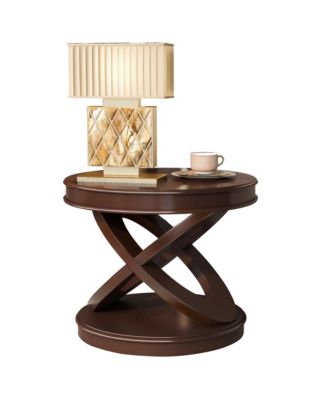 X-shape Base Coffee Table - 22" Retro Round Wooden End Table for Living Room, Small Space